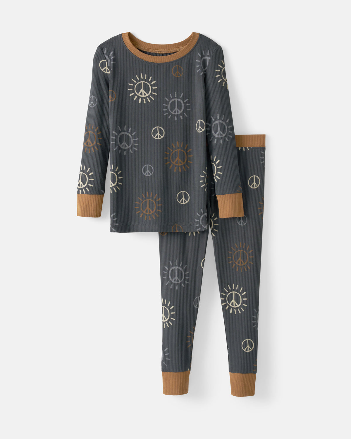 Flat lay of the Peace & Love Ribbed Two-Piece Pajama Set