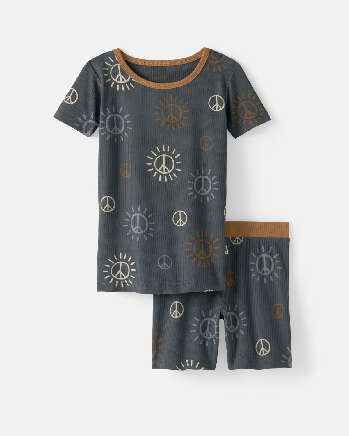 Flat lay of the Peace & Love Ribbed Two-Piece Short Sleeve & Shorts Pajama Set