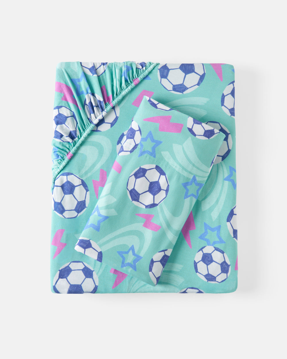 Flat lay of the Aqua Soccer Stars Twin Sheet Set