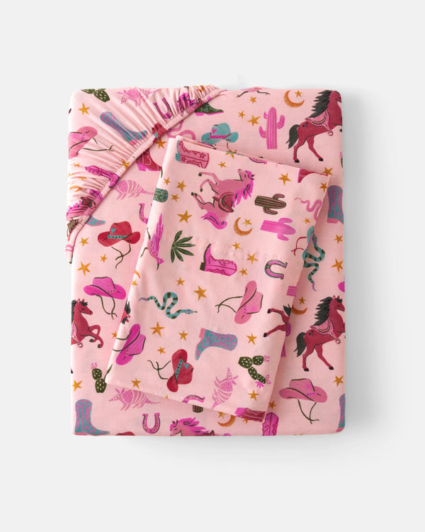Flat lay of the Pink Rancher Roundup Twin Sheet Set
