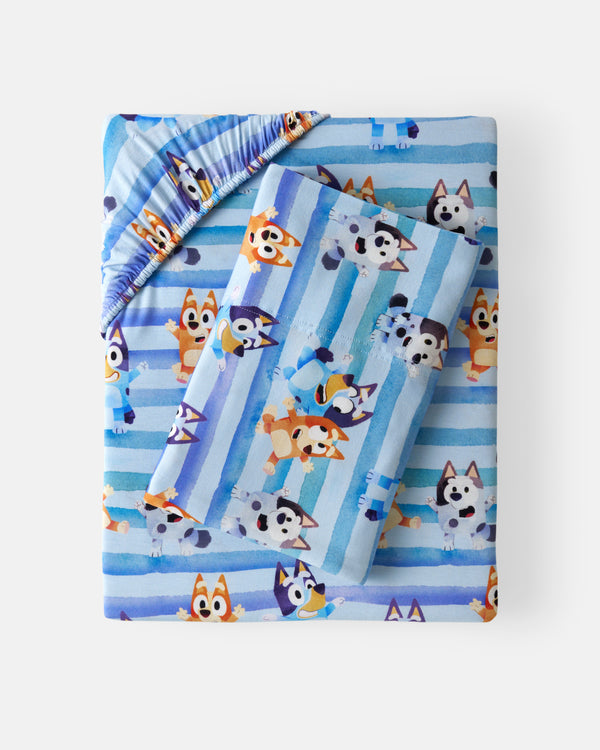 Flat lay of the Bluey Dance All Day Twin Sheet Set