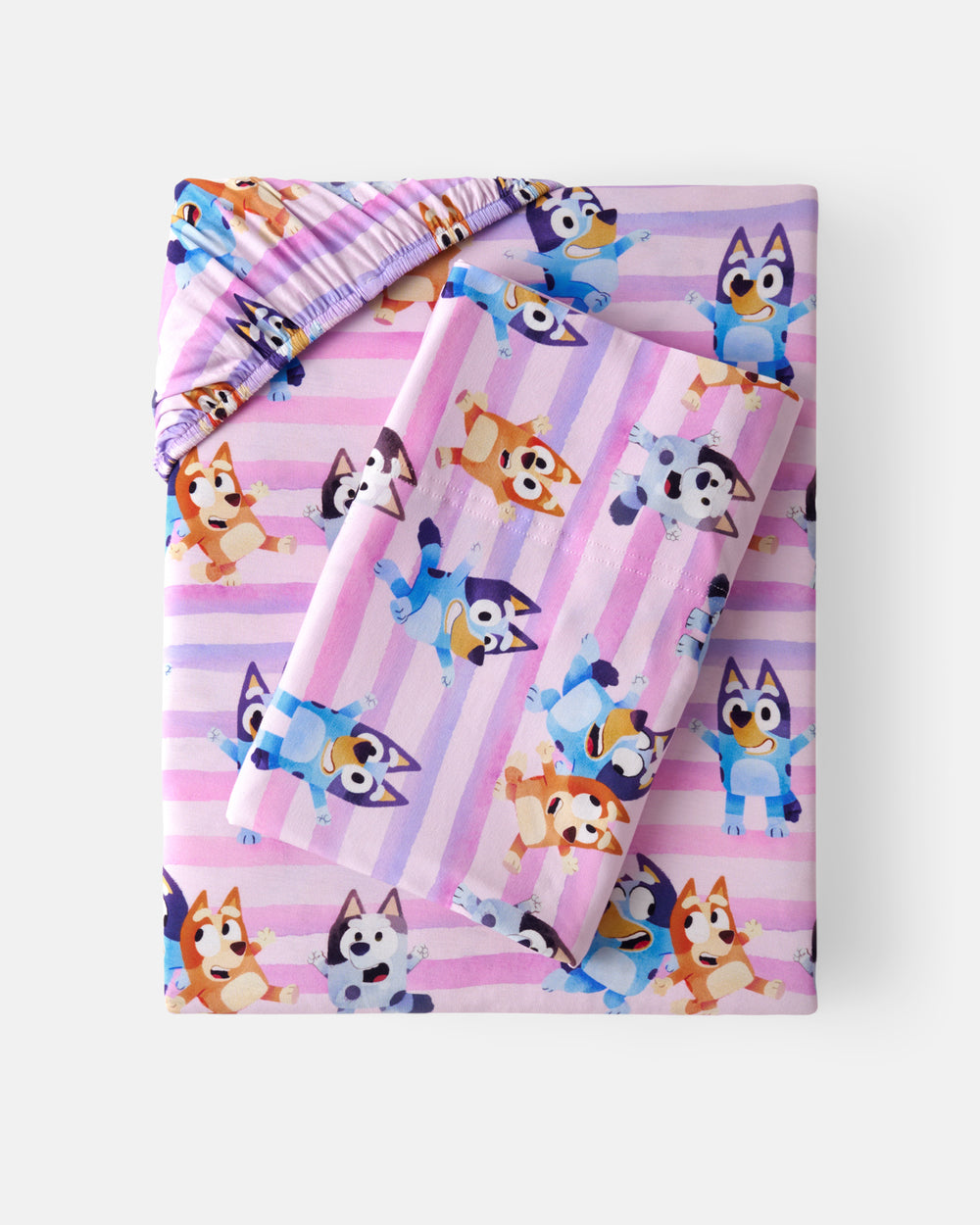 Flat lay of the Pink Bluey Dance All Day Twin Sheet Set