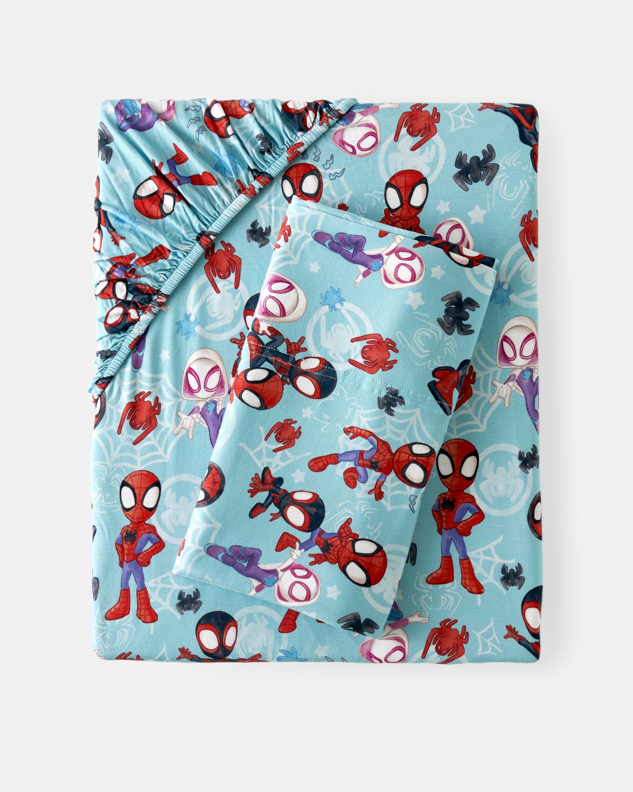 Flat lay of the Spidey & Friends Tiny Webs Twin Sheet Set