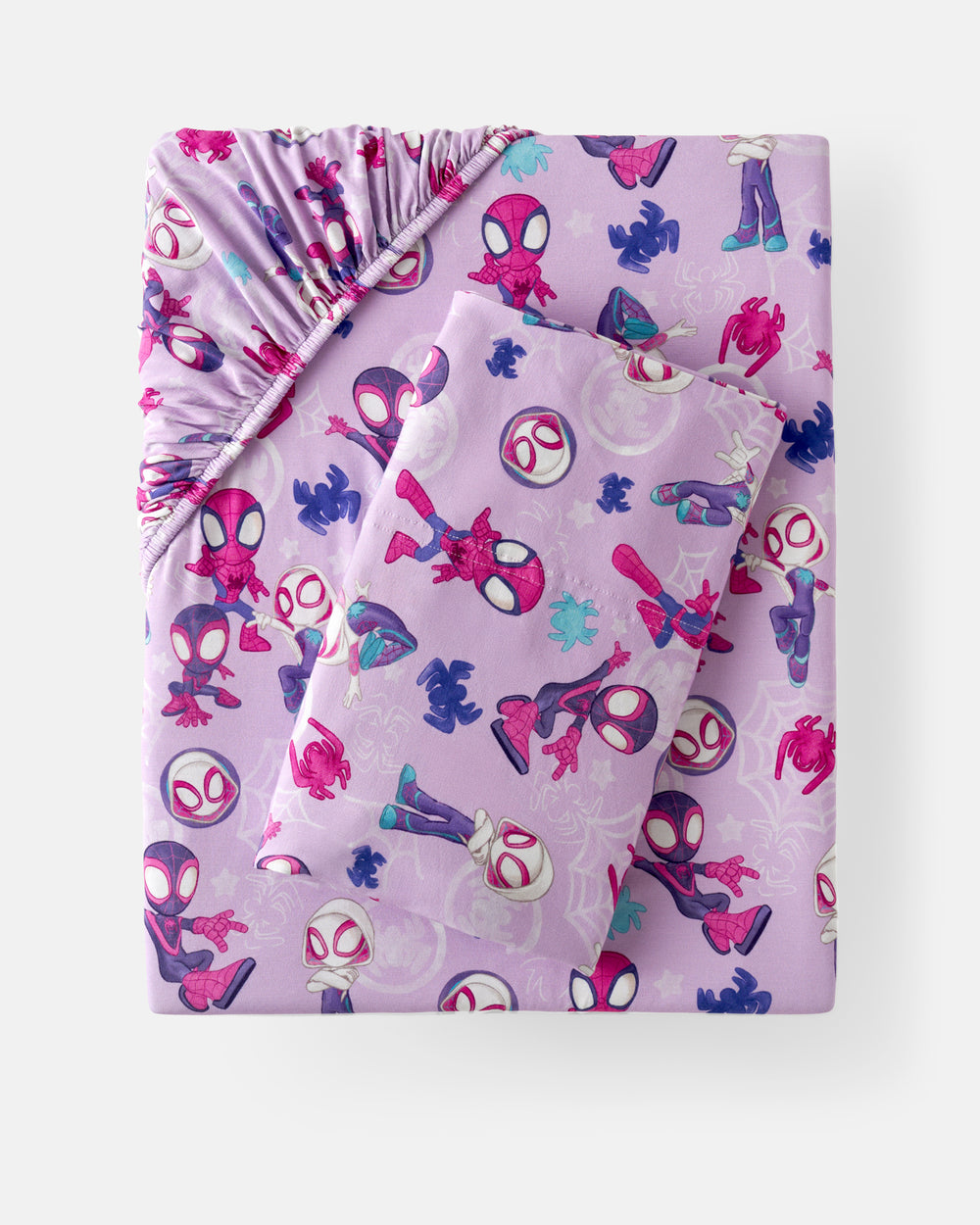 Flat lay of the Spidey & Friends Tiny Webs Twin Sheet Set