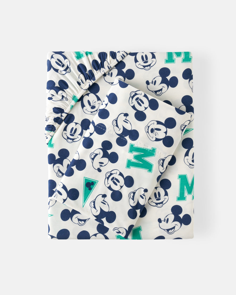Flat lay of the Disney Varsity Mickey Mouse Twin Sheet Set