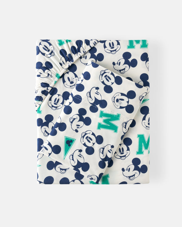 Flat lay of the Disney Varsity Mickey Mouse Twin Sheet Set