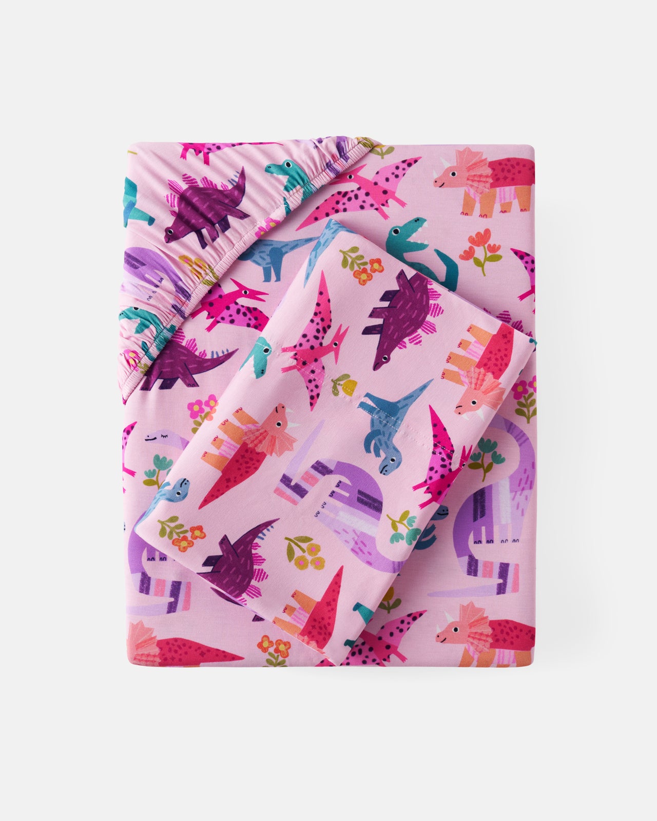 Flat lay of the Pink Roar & Explore Twin Sheet Set