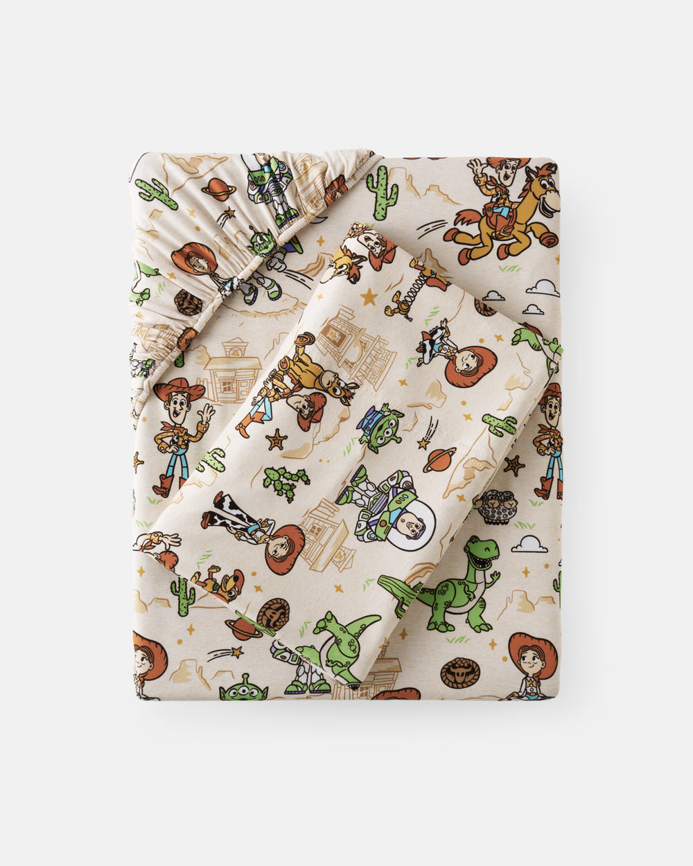 Flat lay of the Disney & Pixar Woody's Wild West Twin Sheet Set
