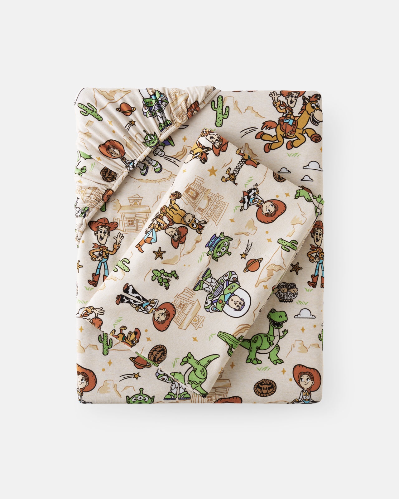 Flat lay of the Disney & Pixar Woody's Wild West Twin Sheet Set