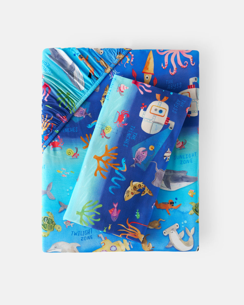 Flat lay of the Underwater Discovery Twin Sheet Set