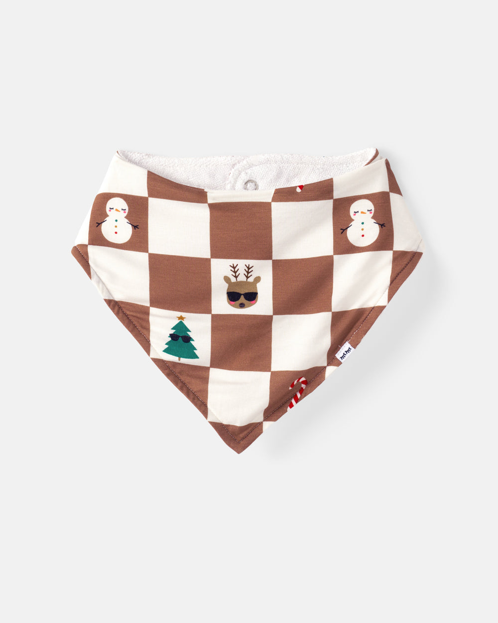 A baby bandana bib with a brown and cream checkerboard pattern decorated with small holiday-themed illustrations including snowmen, a Christmas tree, and a reindeer, shown on a light gray background.