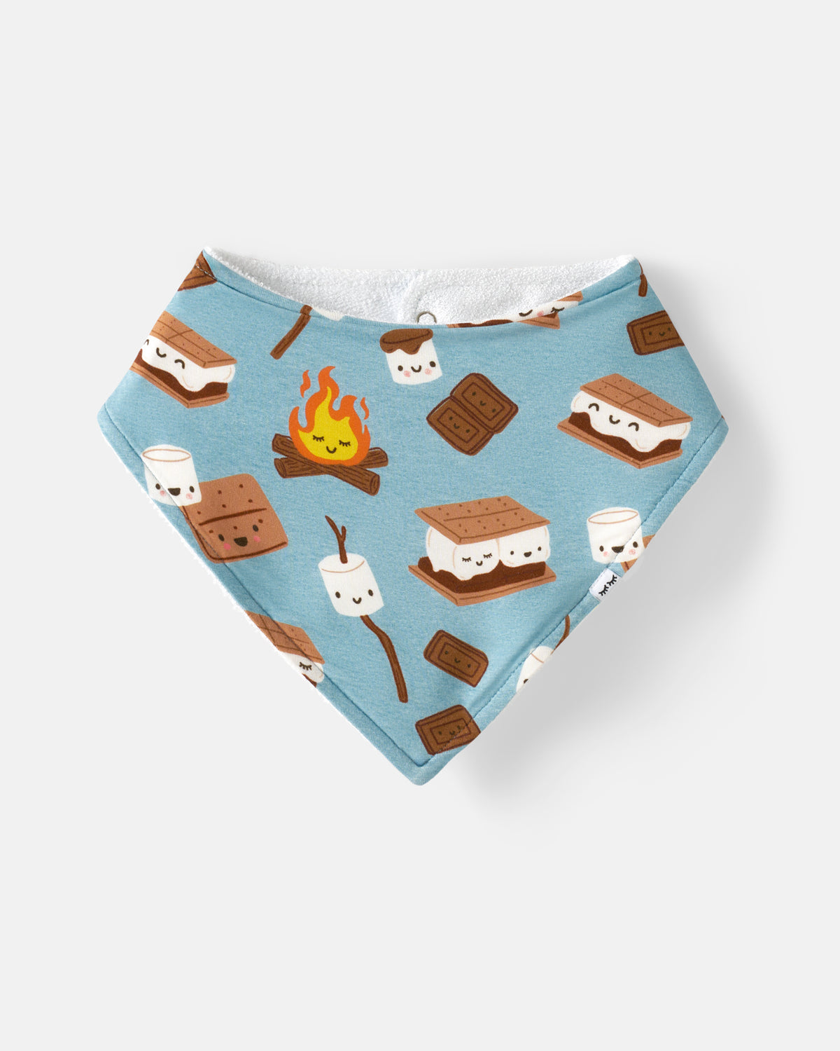 A light blue baby bandana bib with a cute s'mores pattern featuring cartoon marshmallows, chocolate bars, and a campfire, displayed on a neutral light gray background.