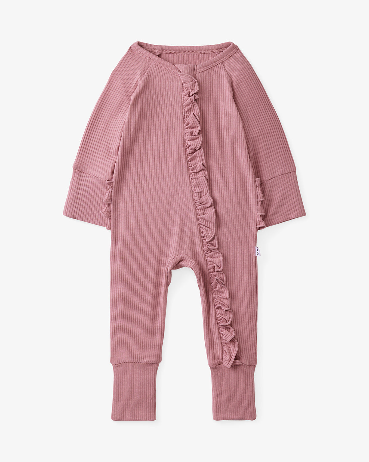Flat lay of the Rosewood Ribbed Ruffle Zippy