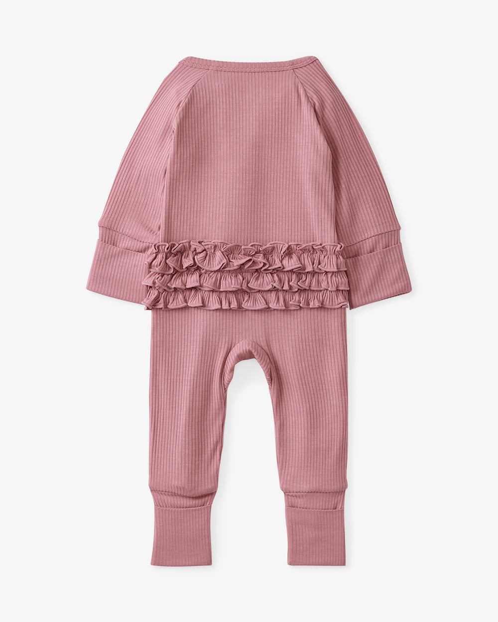 Flat lay of the back of the Rosewood Ribbed Ruffle Zippy