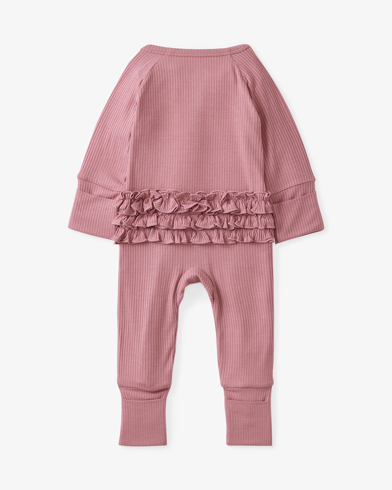 Flat lay of the back of the Rosewood Ribbed Ruffle Zippy