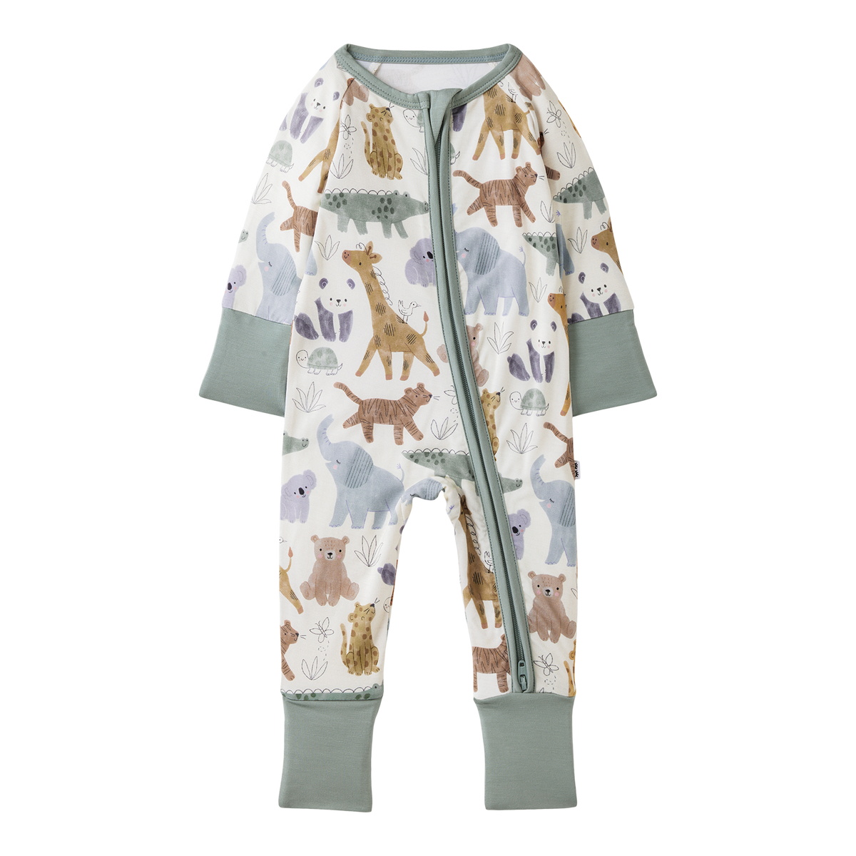 Baby onesie with animal pattern on a white background