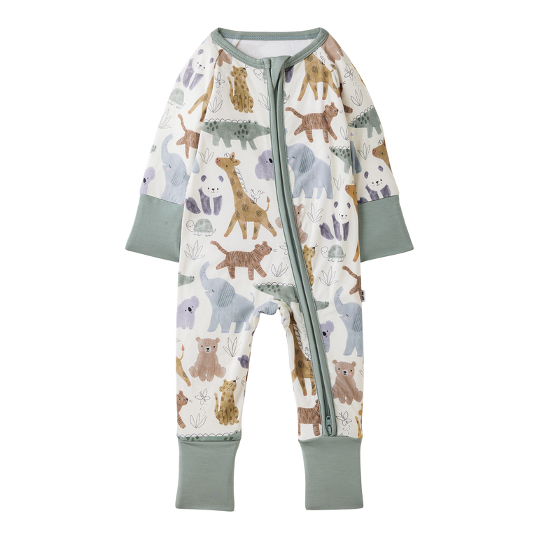 Baby onesie with animal pattern on a white background