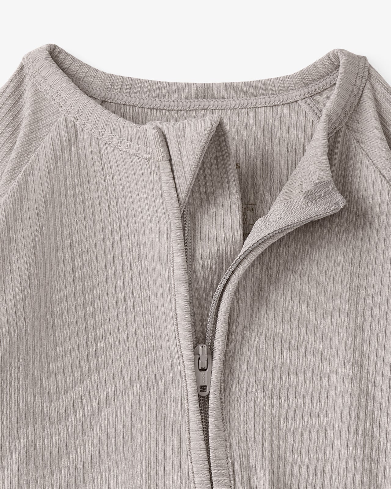 Close up of the neck opening on the Dove Gray Ribbed Zippy