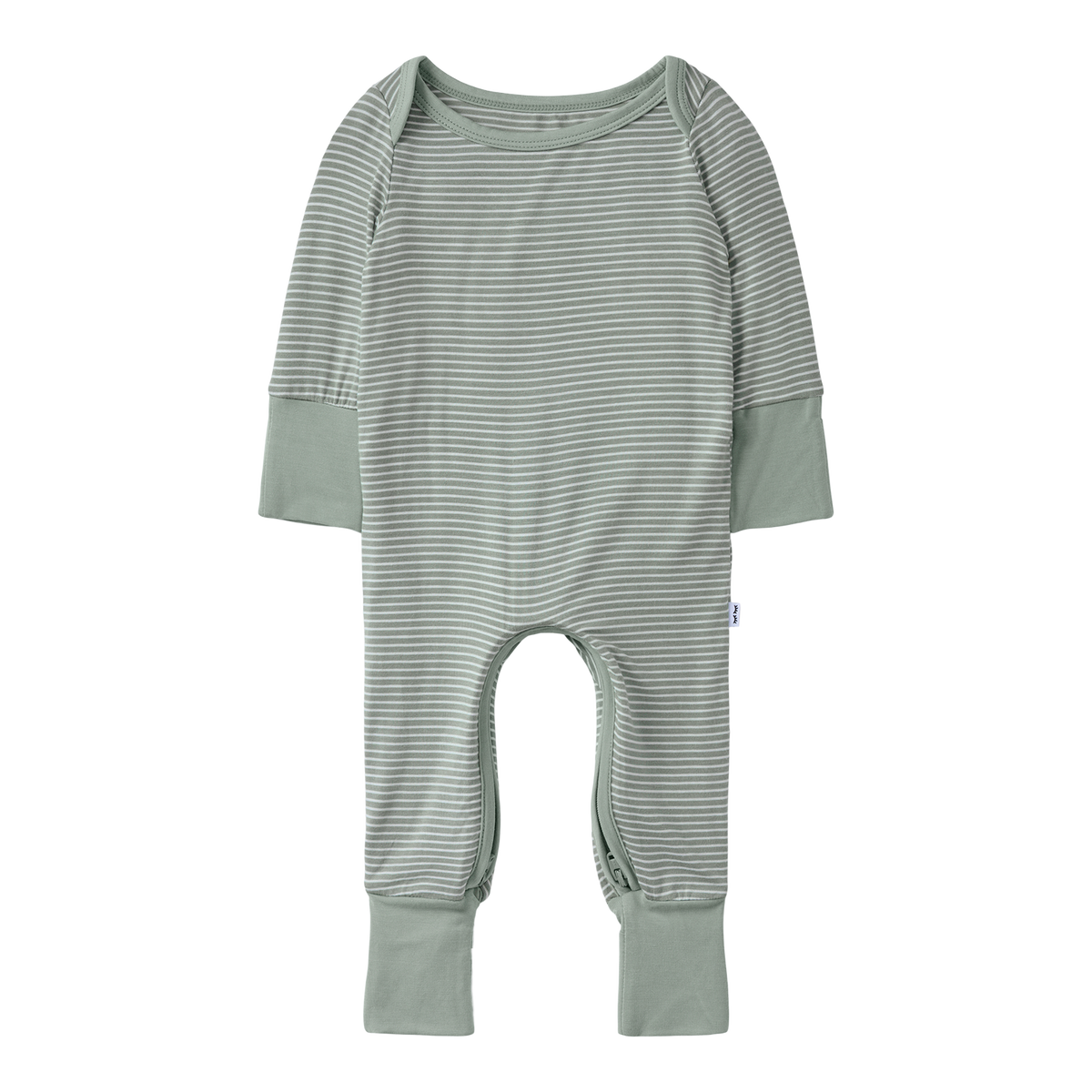 Green and white striped baby romper on a white background