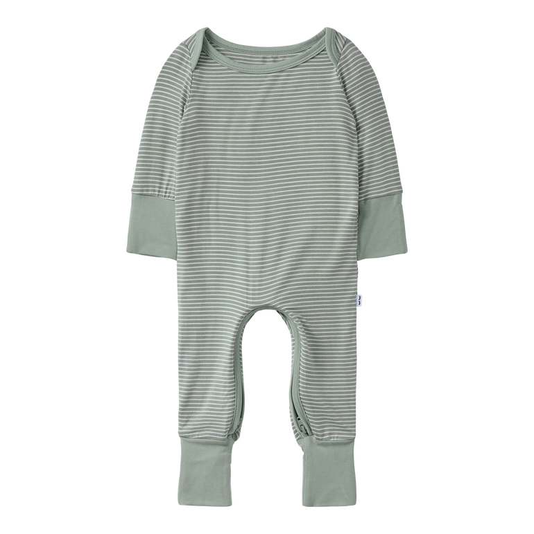 Green and white striped baby romper on a white background