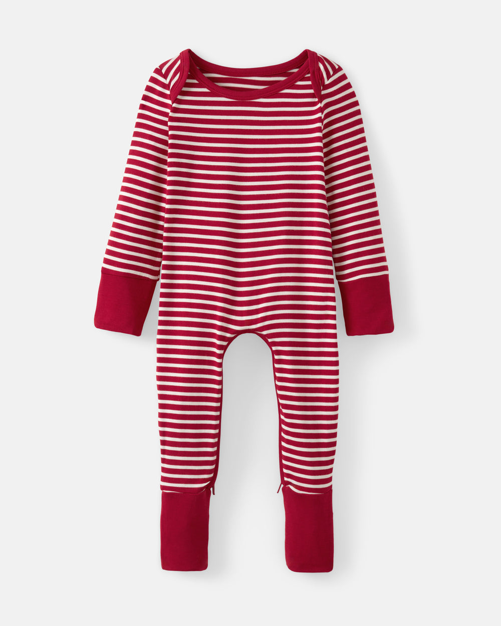 A baby long-sleeve footless one-piece jumpsuit with red and white horizontal stripes, featuring solid red cuffs and foot coverings, displayed on a light gray background.