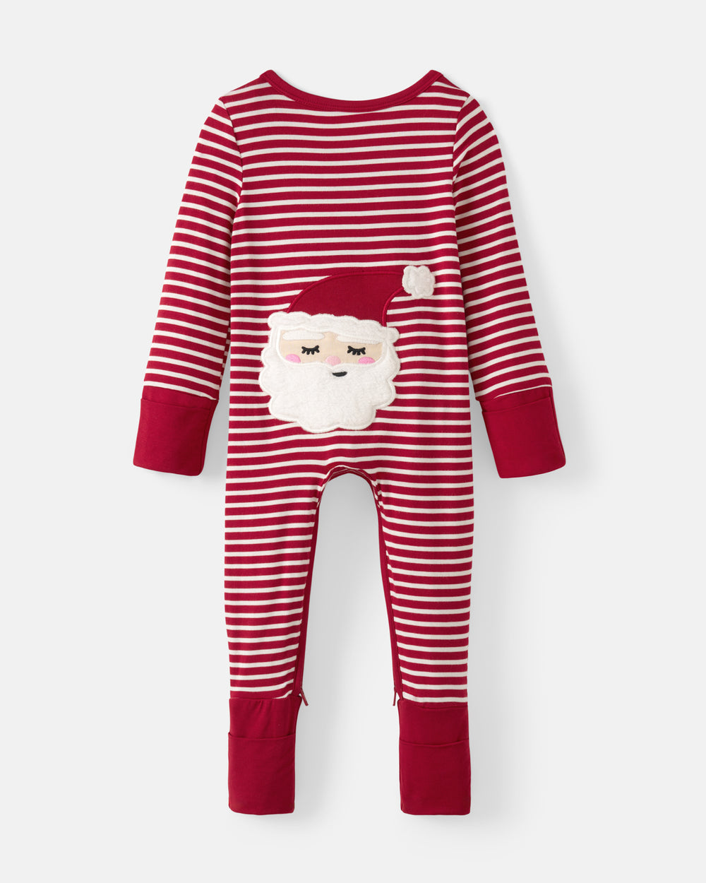 A baby's long-sleeve one-piece jumpsuit with red and white horizontal stripes, featuring a red and white Santa applique, set against a light gray background.