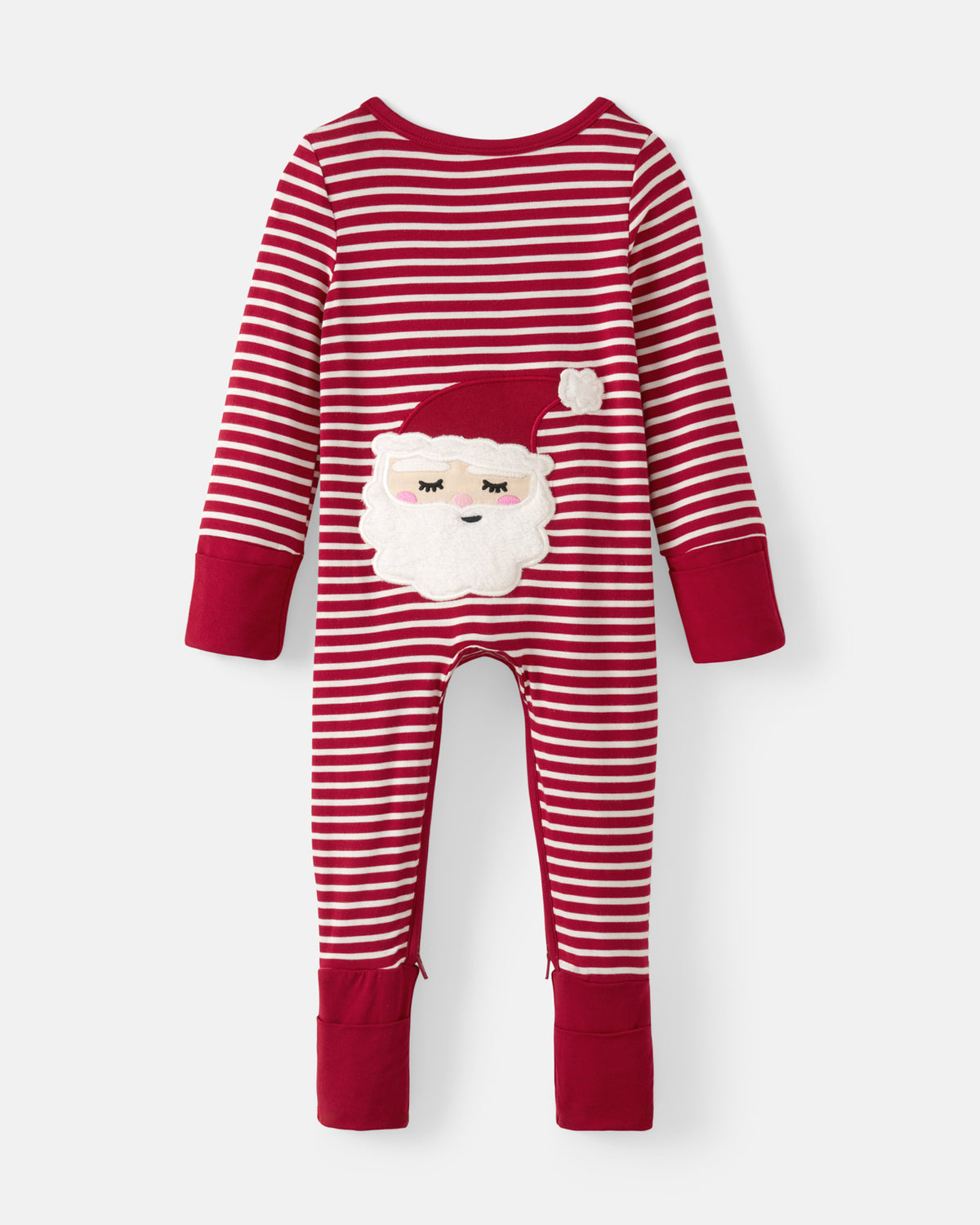 A baby's long-sleeve one-piece jumpsuit with red and white horizontal stripes, featuring a red and white Santa applique, set against a light gray background.