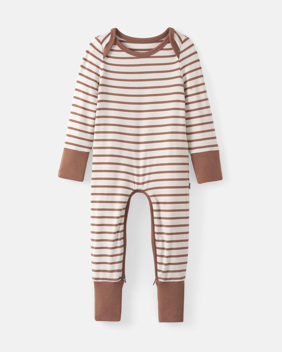 A baby long-sleeve footless one-piece jumpsuit with horizontal brown and cream stripes, featuring solid brown ribbed cuffs and collar, shown on a light gray background.