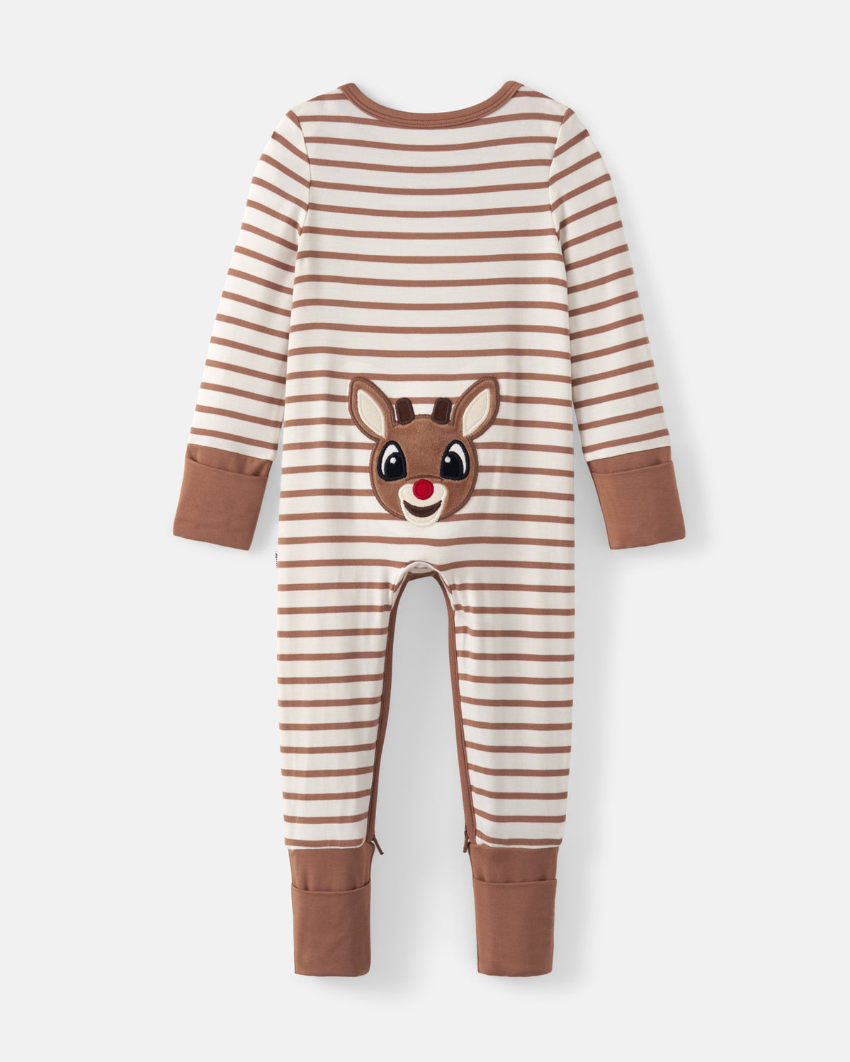 A baby long-sleeve footless one-piece jumpsuit with horizontal brown and cream stripes, featuring a cartoon reindeer face graphic on the chest and solid brown cuffs and leg cuffs, shown against a light gray background.