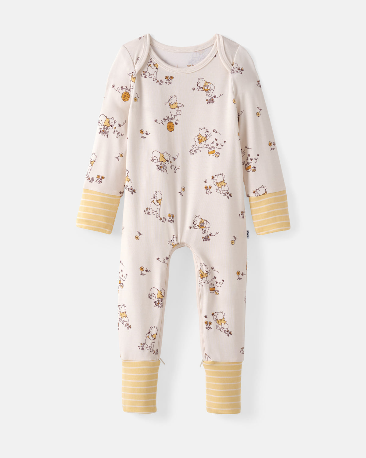A baby long-sleeve footless one-piece jumpsuit in cream with a cartoon animal print and yellow striped cuffs and hem, shown flat on a light gray background.