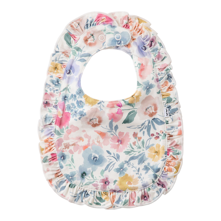 Floral-patterned baby bib on a white background