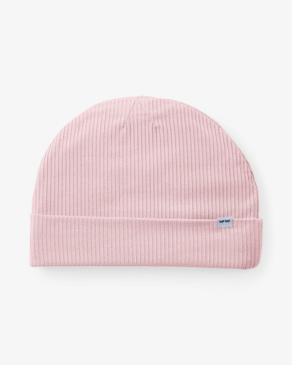 Flat lay of the Prima Pink Ribbed Infant Beanie