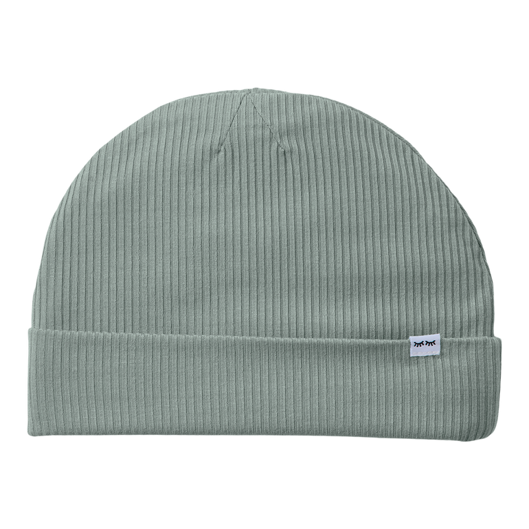 Green ribbed beanie with a Little Sleepies brand logo on a white background