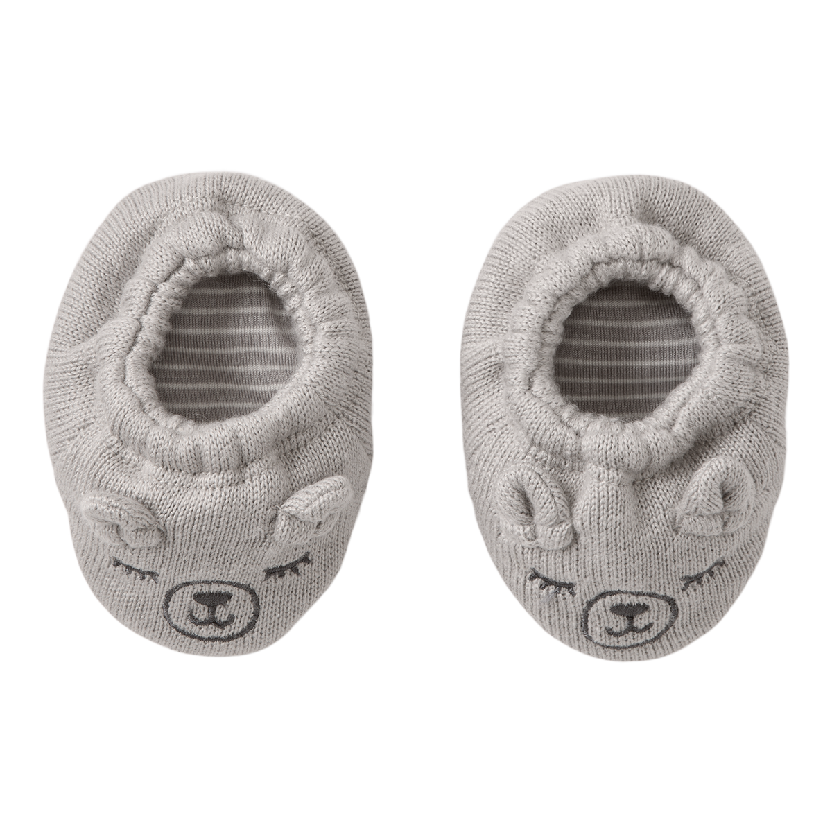Pair of gray baby booties with animal face design on a white background