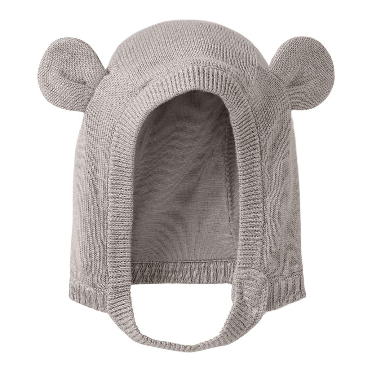 Gray knit baby hat with ear designs on a white background