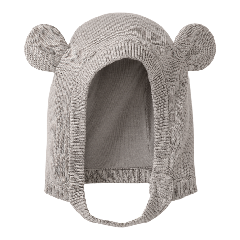 Gray knit baby hat with ear designs on a white background