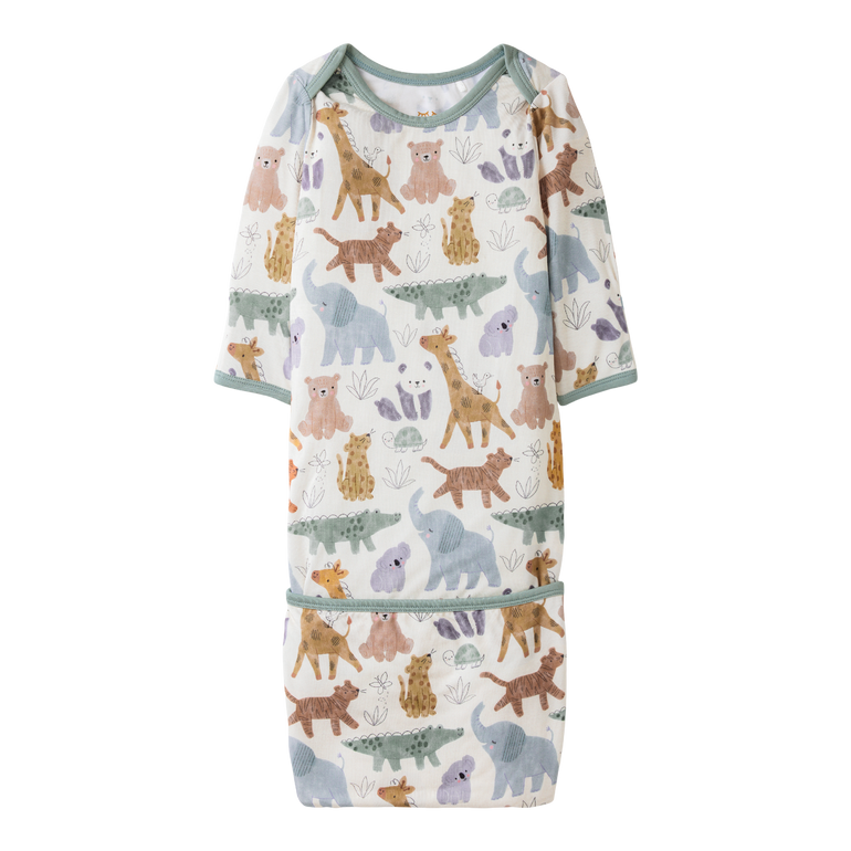 Baby gown with animal pattern on a white background