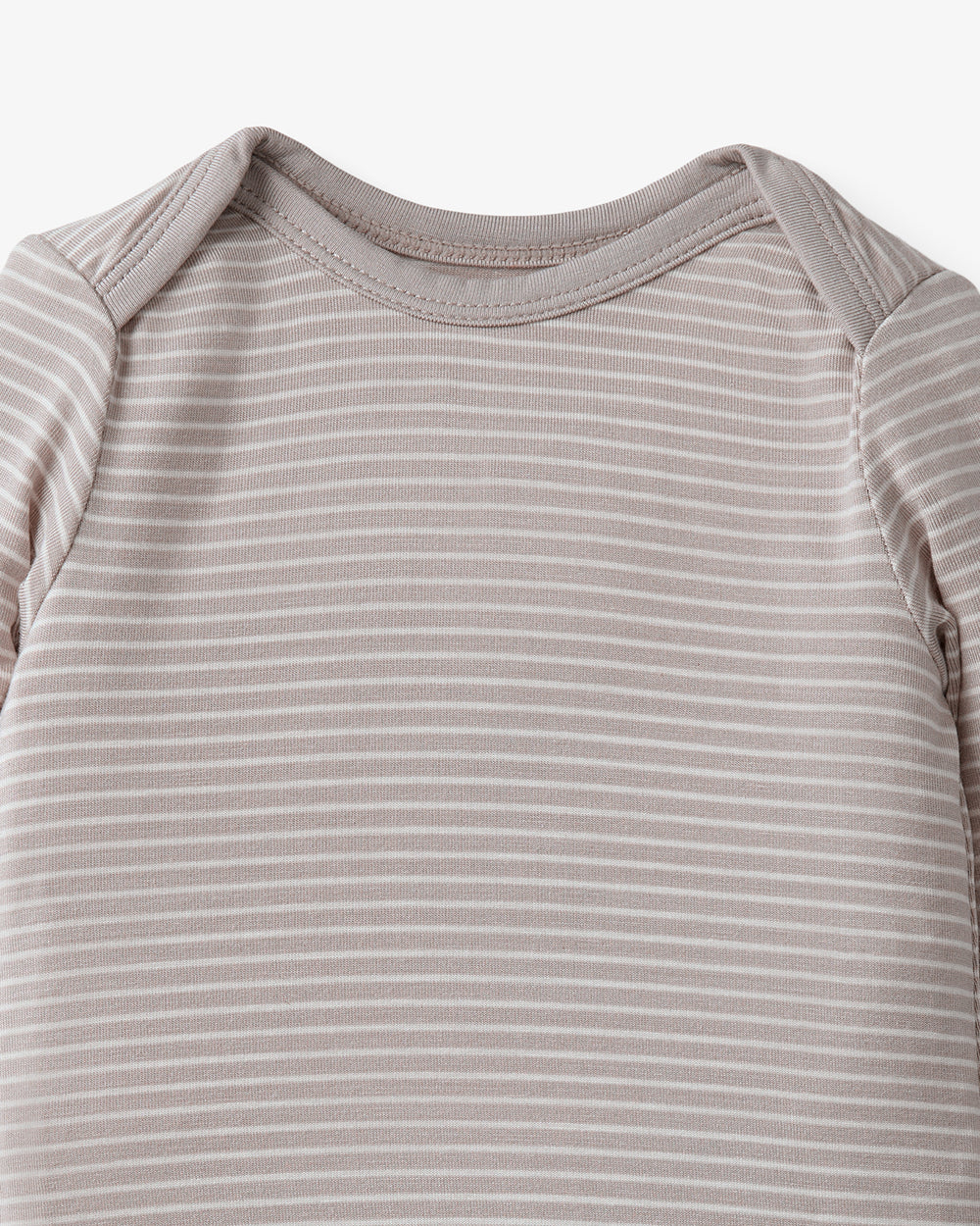 Close up of the neck opening on the Dove Gray Stripe Infant Gown