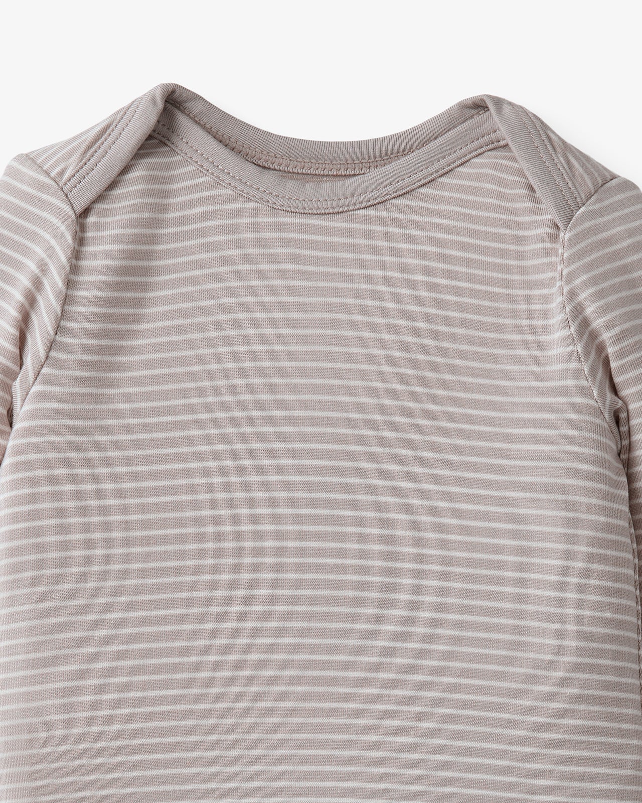 Close up of the neck opening on the Dove Gray Stripe Infant Gown