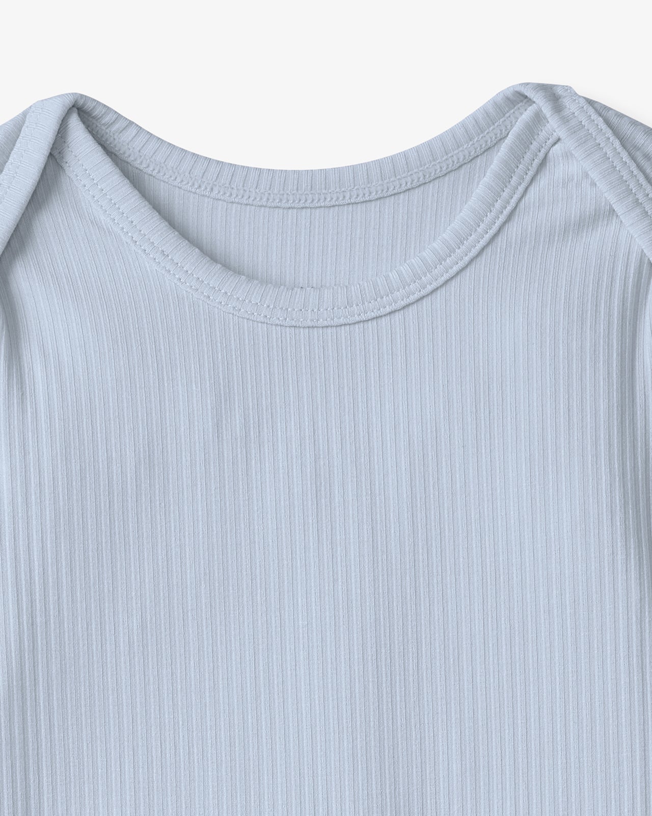 Close up of the neck opening on the Light Fog Ribbed Infant Gown