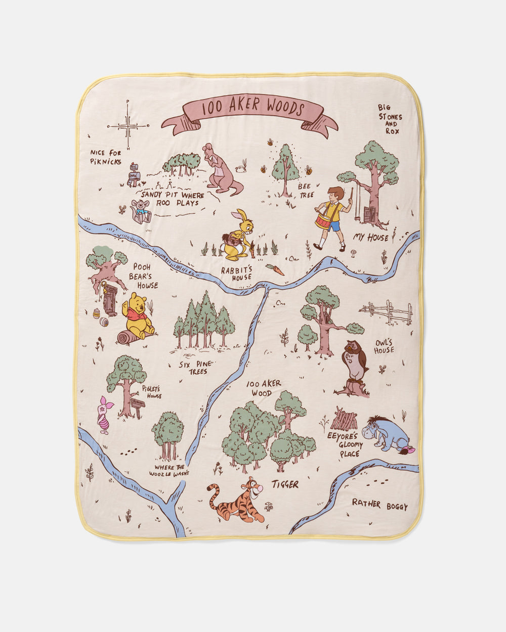 A square baby blanket featuring a whimsical Winnie the Pooh '100 Aker Woods' map design, shown flat against a clean white background.