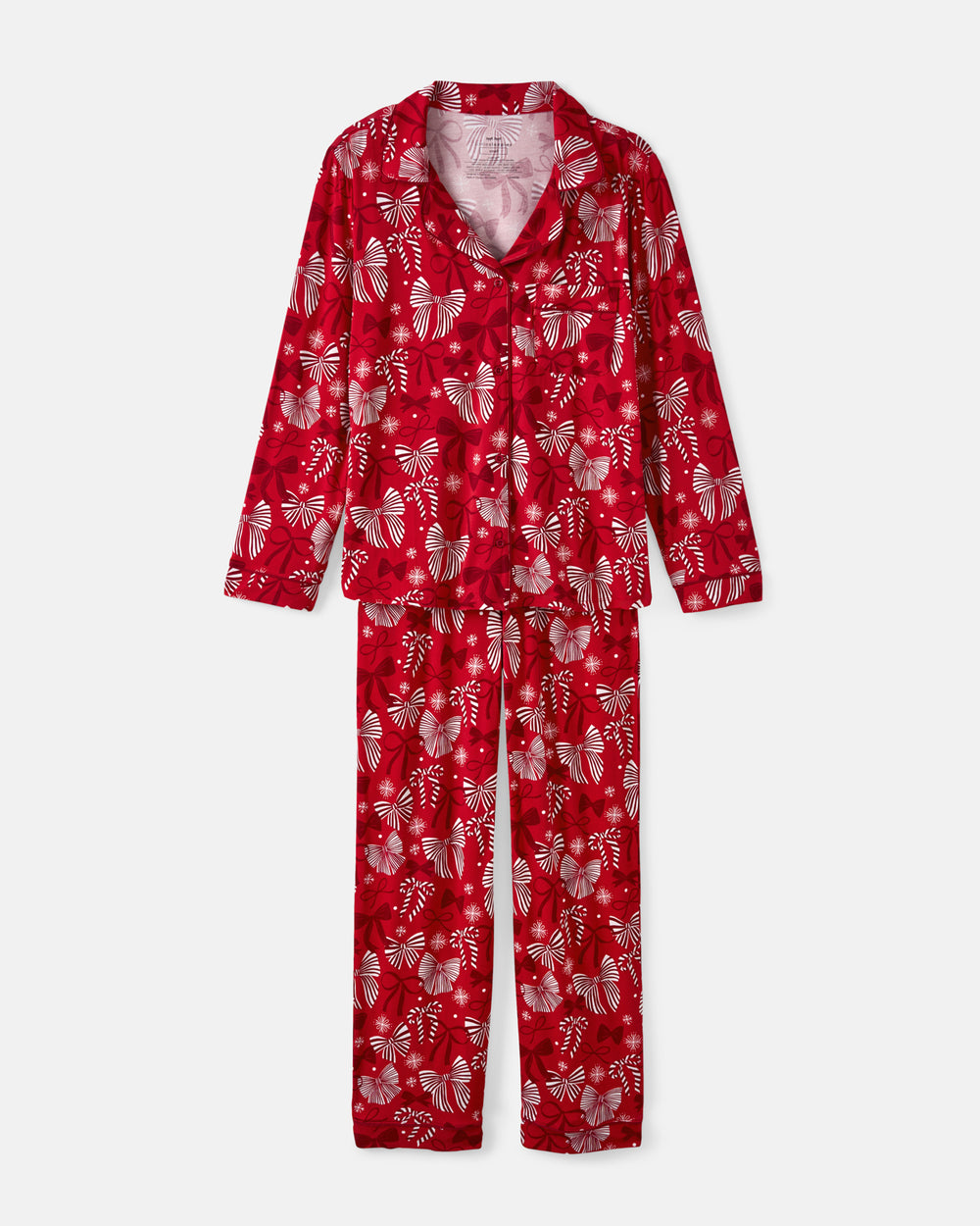 Flat lay of the Holiday Bows Women's Long Sleeve Pajama Set