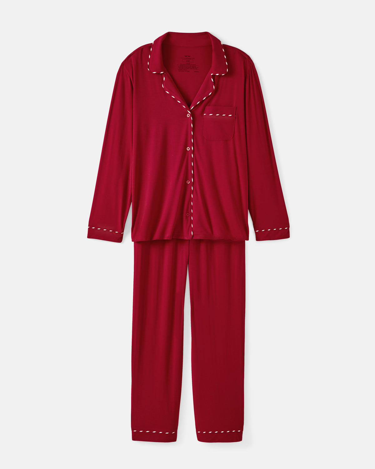 A two-piece long-sleeve pajama set in deep red, featuring a button-front top with white contrast stitching and matching pants, displayed on a light gray background.