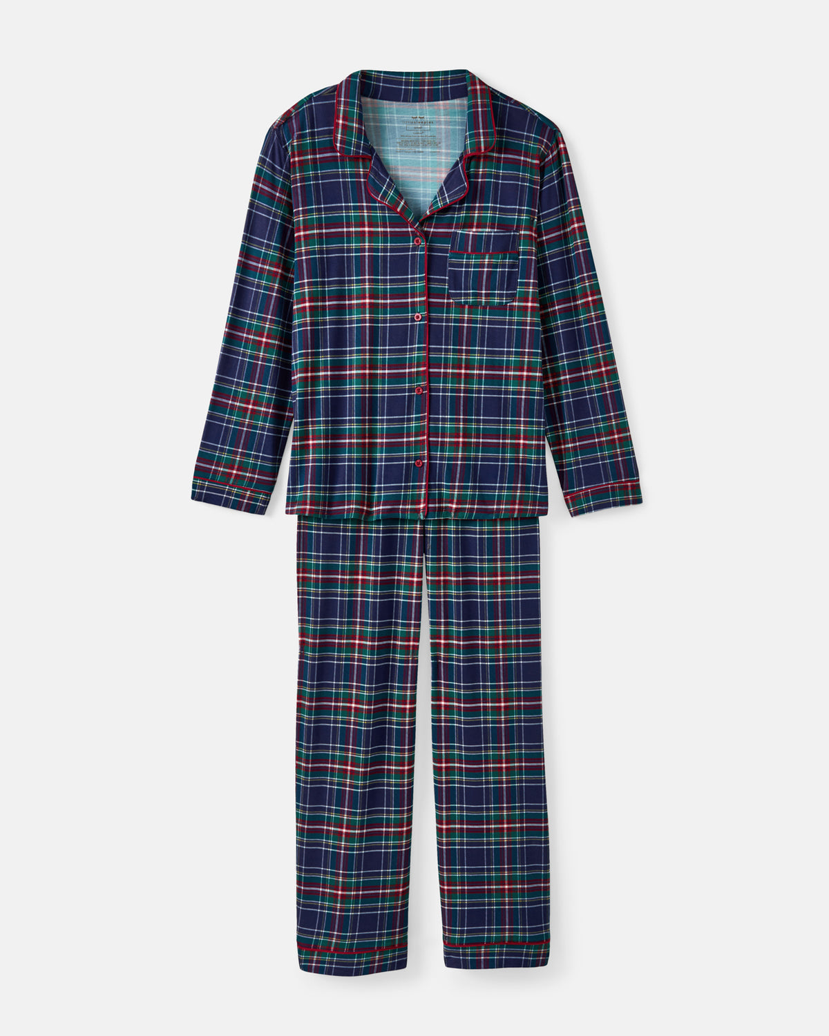 A two-piece long-sleeve pajama set featuring a navy blue plaid pattern with red and green stripes, shown against a light gray background.