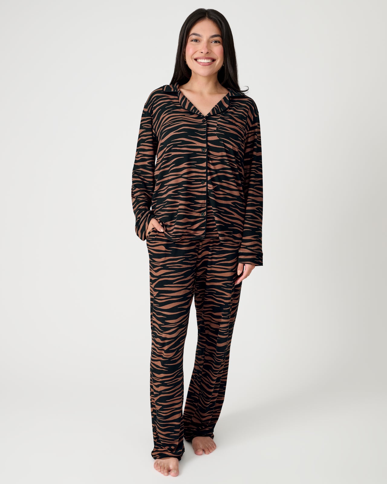 Woman wearing the Wild Stripes Women's Long Sleeve Pajama Set