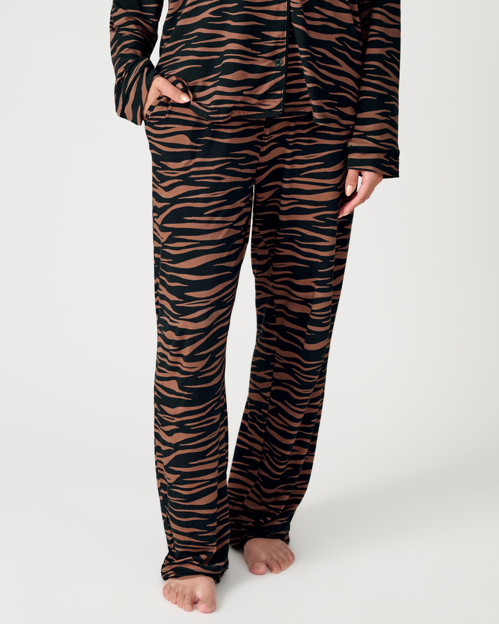 Close up of woman wearing the Wild Stripes Women's Long Sleeve Pajama Set