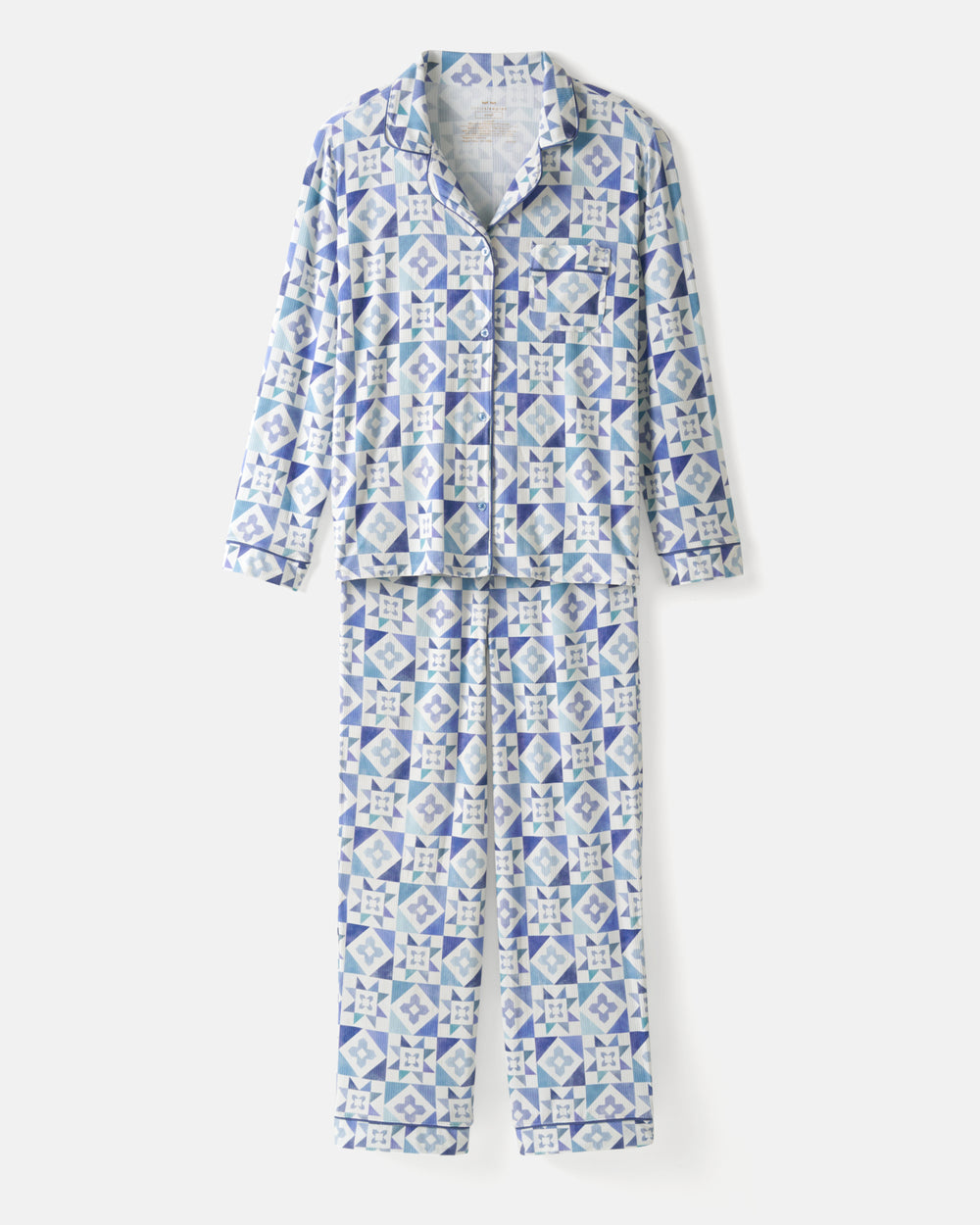 Flat lay of the Patchwork Indigo Women's Ribbed Pajama Set