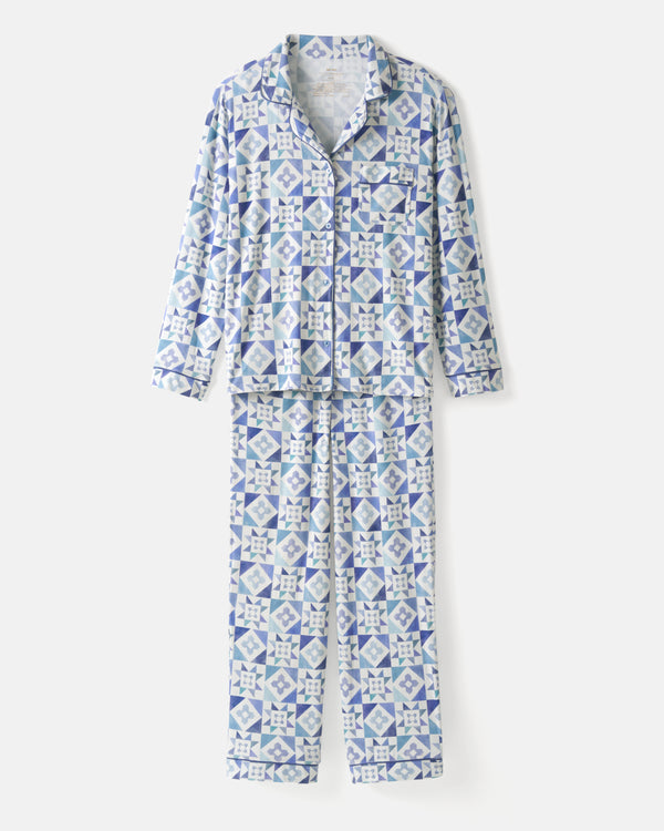 Flat lay of the Patchwork Indigo Women's Ribbed Pajama Set