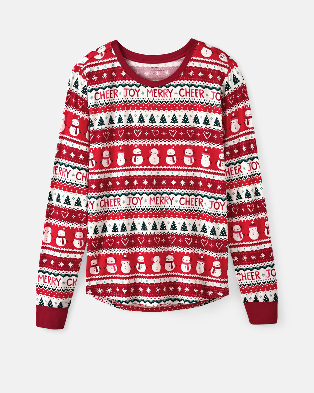 A long-sleeve crewneck sweater with a festive holiday knit pattern in red, white, and black, featuring snowmen, Christmas trees, hearts, and text reading 'CHEER JOY MERRY'.