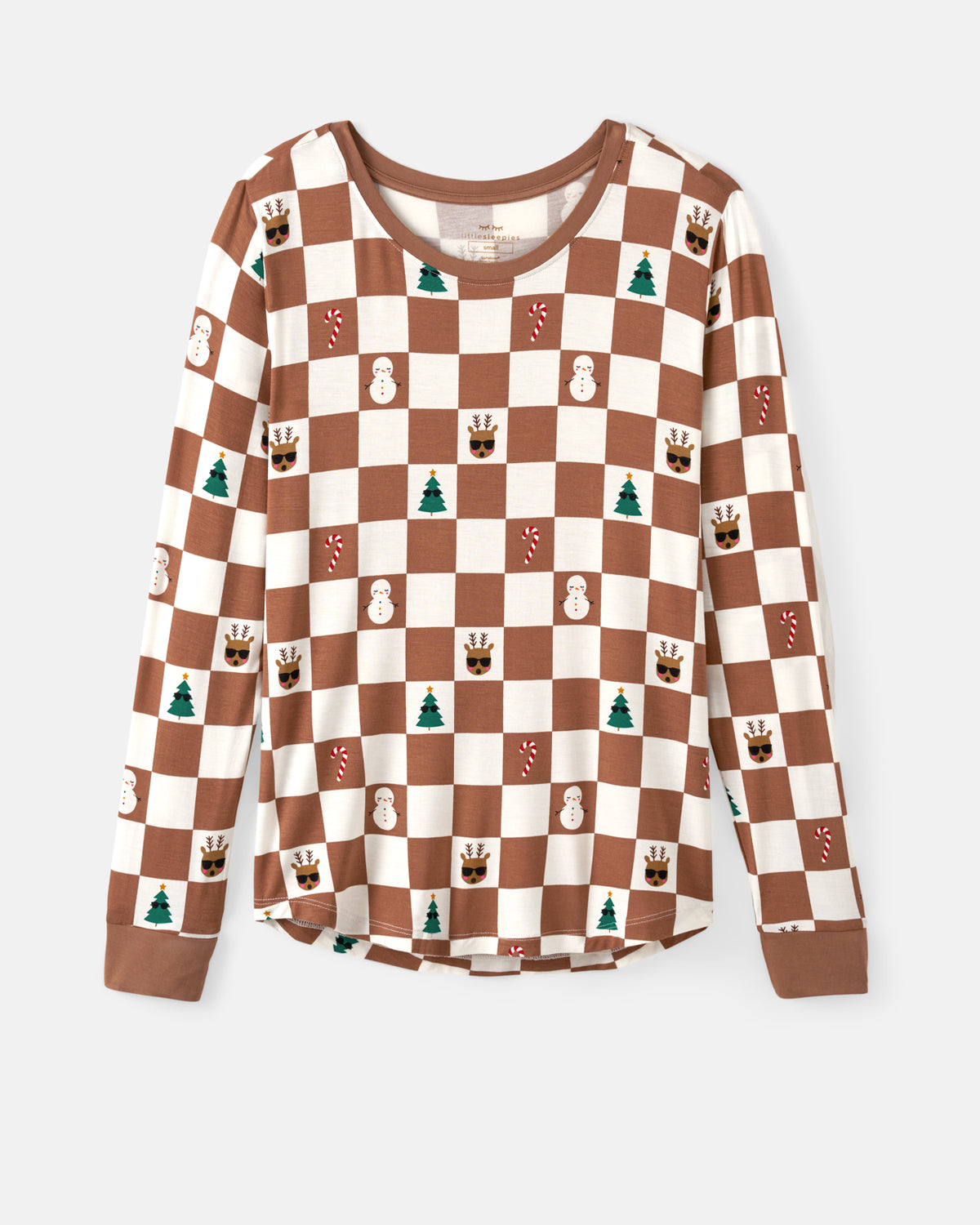 A long-sleeve crewneck shirt featuring a brown and cream checkerboard pattern with small holiday motifs like snowmen, Christmas trees, and candy canes, displayed on a light gray background.